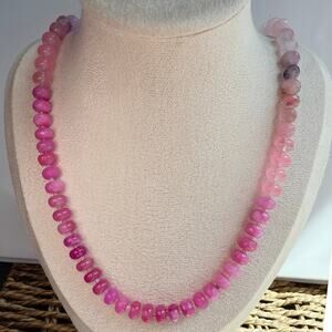 20" Ombre Pink Gemstone Necklace, Silver Tone Hardware, Quartz, Jade, Agate